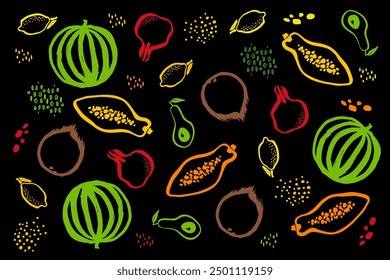 Frutas y verduras sobre fondo negro, Arte vectorial de verano, ilustración colorida brillante de la paleta, textura de alto contraste para el cartel, tarjeta, Anuncio, diseño de la invitación