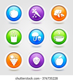 Fruits and Vegetables on Colorful Round Buttons