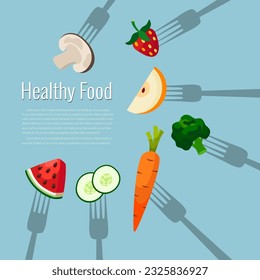 Fruits and vegetables on forks vector illustration background