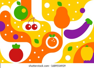 Frutas y verduras en fondo geométrico en estilo bauhaus, moda con curvas, frutas y verduras geométricas / pera, manzana, cereza, berenjena, naranja. Ilustración del vector