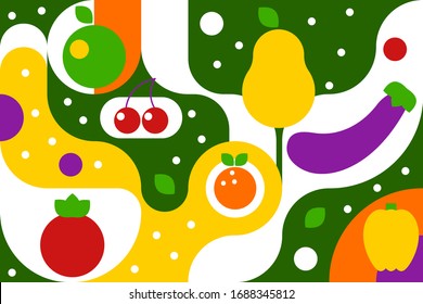 Frutas y verduras sobre fondo geométrico verde en bauhaus, patrón de moda con curvas, frutas y verduras geométricas / pera, manzana, cereza, berenjena, naranja. Ilustración del vector