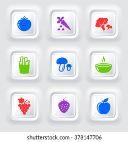 Fruits and Vegetables on White Bevel Square Buttons