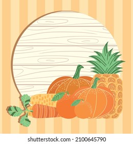 fruits vegetables on wood round background