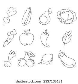 Fruits and vegetables in one line style. Vector illustration EPS10.