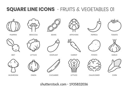 Fruits and vegetables one related, pixel perfect, editable stroke, up scalable square line vector icon set. 
