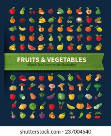 Fruits And Vegetables. Organic Food Icons Vector Illustration