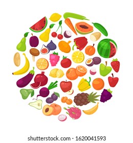 Fruits and vegetables organic healthy in circle isolated on white background vector illustration. Vegeterian fruits and veggie diet design poster with carrot, banana, strawberries,. oranges and lemon.