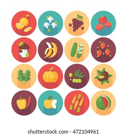 Fruits and vegetables, organic vegetarian food, healthy diet icons collection. Flat vector circle icons set with long shadow. Food and drinks.