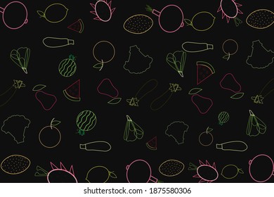 fruits and vegetables out line vector on dark background illustration. Design for adds, poster, banner of cafes or restaurants.
