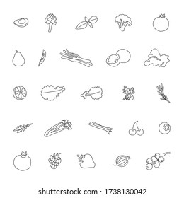 Fruits and Vegetables outline icons set for print, web, infographics and applications. Design element for grocery store, vegetable shop. Line icons of food vector illustration