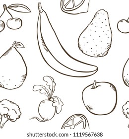 Fruits and vegetables outline pattern, vegetarian set. Vector texture for textile, wrapping, wallpapers and other surfaces. Radish, banana, avocado, apple, pear, cherry, broccoli, lemon.