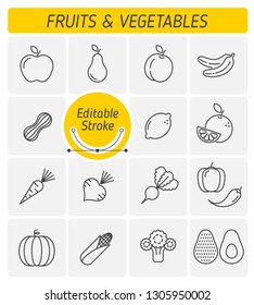 The fruits and vegetables outline vector icon set. A veggies, greens, harvest fruitages symbols. Natural, fresh, organic, healthy food and ingestion thin linear vector icons with editable stroke width