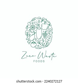 Fruits and vegetables outline zero number logo icon sign. Good to use for zero waste food symbol. Vector illustration