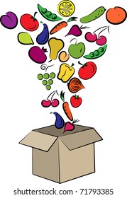 fruits and vegetables packed into box