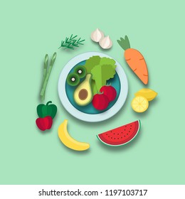 Fruits and Vegetables. Paper art object style for background.