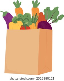 Frutas e legumes em saco de compras de papel.  Conceito de desperdício zero. Mercadorias em um saco de papel. Entrega de alimentos. Ilustração vetorial.