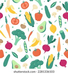 Obst- und Gemüsemuster. Gesunde vegetarische oder veganische Speisen. Handgezeichnete Vektorgrafik im trendigen minimalistischen Stil