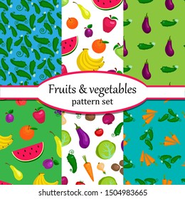 Fruits and vegetables pattern set. Vector wallpapers.