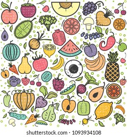 Fruits and vegetables pattern, vegetarian set, summer isolated color vector icons.