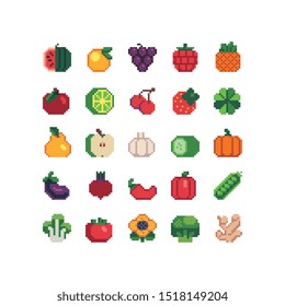 Fruits and vegetables pixel art icons set mushrooms and nuts isolated vector illustration. Design for stickers, logo, mobile app. Video game assets 80s 8-bit sprite sheet.