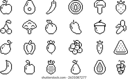 Conjunto de ícones de pixel de frutas e legumes. Contendo banana, cenoura, abacate, limão, kiwi, manga, banana e muito mais. Ilustração vetorial