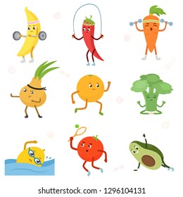 Fruits and vegetables are play sport. Fitness fruit. Cartoon characters set. Exercises: barbell, jump rope, kettlebell, martial art, running, yoga, swimming, tennis, plank.Isolated vector illustration