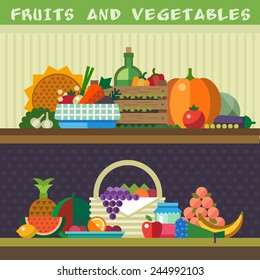 Fruits and vegetables. ?arrot, pumpkin, onion, tomato, pepper, pineapple, cherry, banana, grapes, apple, pear. Vector flat illustrations