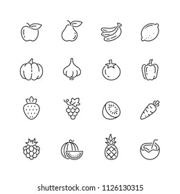 Fruits and vegetables related icons: thin vector icon set, black and white kit
