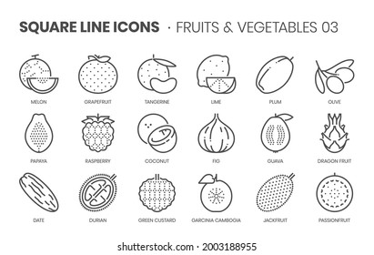 Fruits and vegetables related, pixel perfect, editable stroke, up scalable square line vector icon set. 