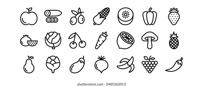 Fruits and vegetables related vector icons set.