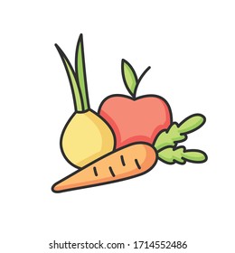 Fruits and vegetables RGB color icon. Fresh organic food. Health vegetarian recipe ingredients. Ripe apple. Natural carrot. Nutritious onion. Premium quality farm food. Isolated vector illustration