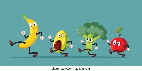 
Fruits and Vegetables Running Together Vector Cartoon Illustration. Happy fresh grocery items full of energy and vitality
