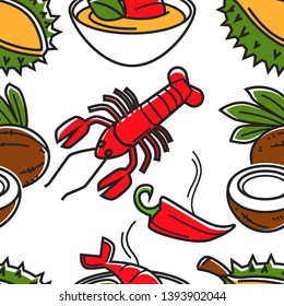Fruits vegetables and seafood Thailand food seamless pattern vector lobster and chili pepper coconut and durian traditional soup endless texture underwater animal nut and spice wallpaper print