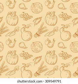 Fruits and vegetables seamless pattern. Background for Thanksgiving cards, posters, wrapping. Autumn crop. Vector illustration with pumpkin, carrots, grape, wheat, watermelon, corn, pear, apple
