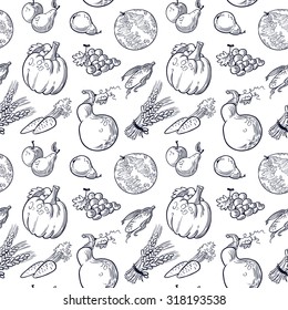 Fruits and vegetables seamless pattern. Background for Thanksgiving wrapping, posters, cards. Vector illustration with pumpkin, grape, pear, carrot, watermelon, wheat, corn. Crop design elements