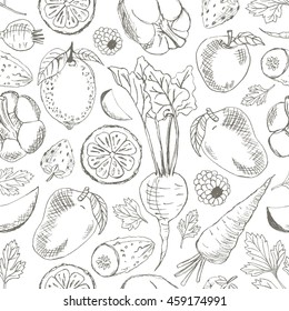 Fruits and vegetables seamless pattern. Black and white. Vector