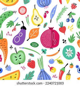 Frutas y verduras sin soldadura. El estilo colorido de la caricatura. Fondo del vector 