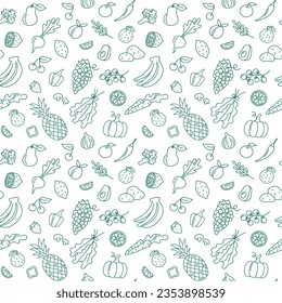 Fruits and vegetables seamless pattern. Doodle Food elements vector background. Hand drawn outline illustration of pineapple, bananas, grape, pumpkin and berries.