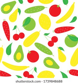 fruits and vegetables  seamless pattern. Food, vegetarianism. in a minimalist, scandinavian style. cucumber,Apple, lemon, avocado, pear, cherry, zucchini , tomatoes, carrots.  Menu design elements, ca