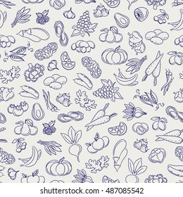 Fruits and vegetables seamless pattern. Food sketch style vectorbackground