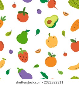 Frutas y verduras sin soldadura. Tema de compras repitiendo impresión. Ilustración vectorial de estilo de dibujos animados planos para fondo, papel pintado, paquete o envoltura.