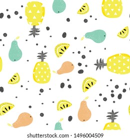 fruits and vegetables seamless pattern. Hand drawn vector illustration.  background. Fashion design. Food print for clothes, kitchen tablecloth, curtain or dishcloth