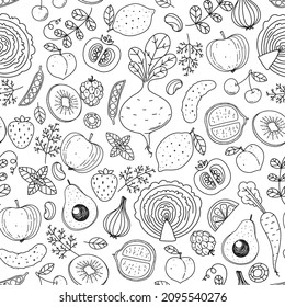 Fruits and vegetables seamless pattern. Hand drawn vector illustration. Minimalist design. Scandinavian style background. Healthy organic food.