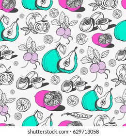 Fruits and vegetables. Seamless pattern. Hand drawn food elements. Cartoon. Simple stylized forms. Black and white. food. food.food.for menu decoration. for menu decoration.