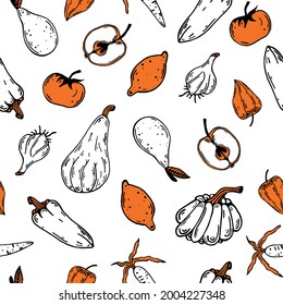 Fruits and vegetables seamless pattern. Hand-drawn food. Black and white doodle with a colored abstract spot. Vegetarian food sketch. Line art of pear, pumpkin, lemon, tomato, apple. Crop outlining.