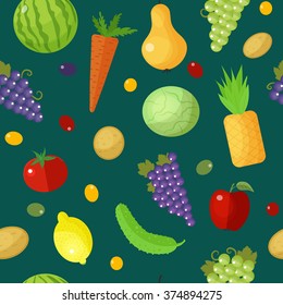 Fruits and Vegetables Seamless Pattern. Healthy Eating Concept. Vector illustration
