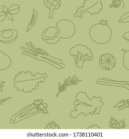 Fruits and vegetables seamless pattern made of one line style consisting of contour icons on a green background. Linear icons template for wallpaper or web design. Vegetarian farming