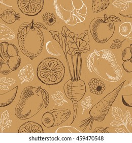 Fruits and vegetables seamless pattern on beige cardboard background. Vector