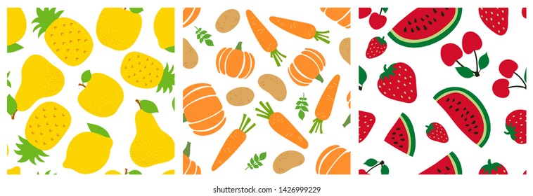 Fruits and vegetables seamless pattern set. Pineapple, apple, pear, lemon, pumpkin, carrot, potato, watermelon, strawberry, cherry.  Food print for clothes or curtain. Vector sketch backgrounds