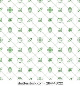 Fruits and Vegetables Seamless Pattern - Stock Vector.
Outline food icons - fruits and vegetables on the seamless vector background.